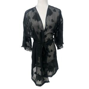 Vintage LA Intimates Sheer Robe Women M Black Embroidered Mesh Belted Whimsygoth